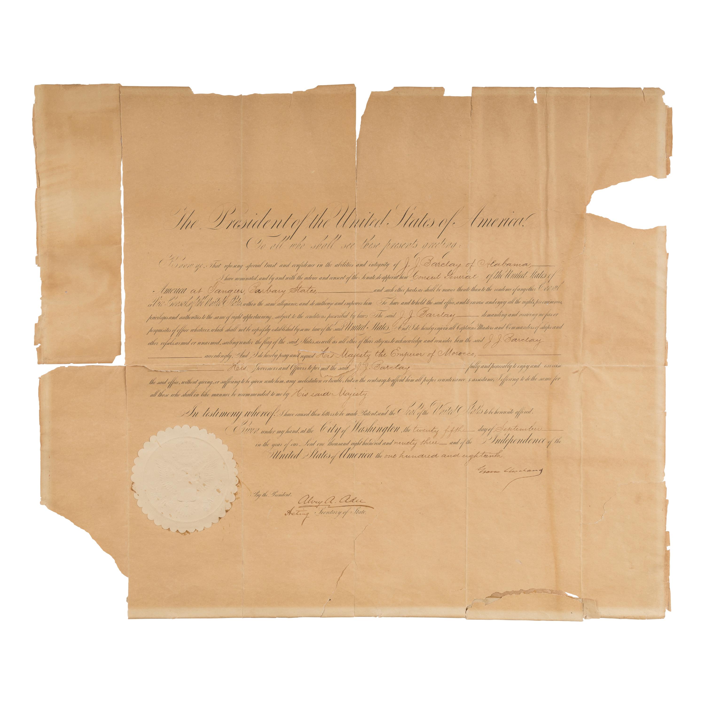 Cleveland, Grover (1837-1908). A pair of documents related to Morocco, comprising: