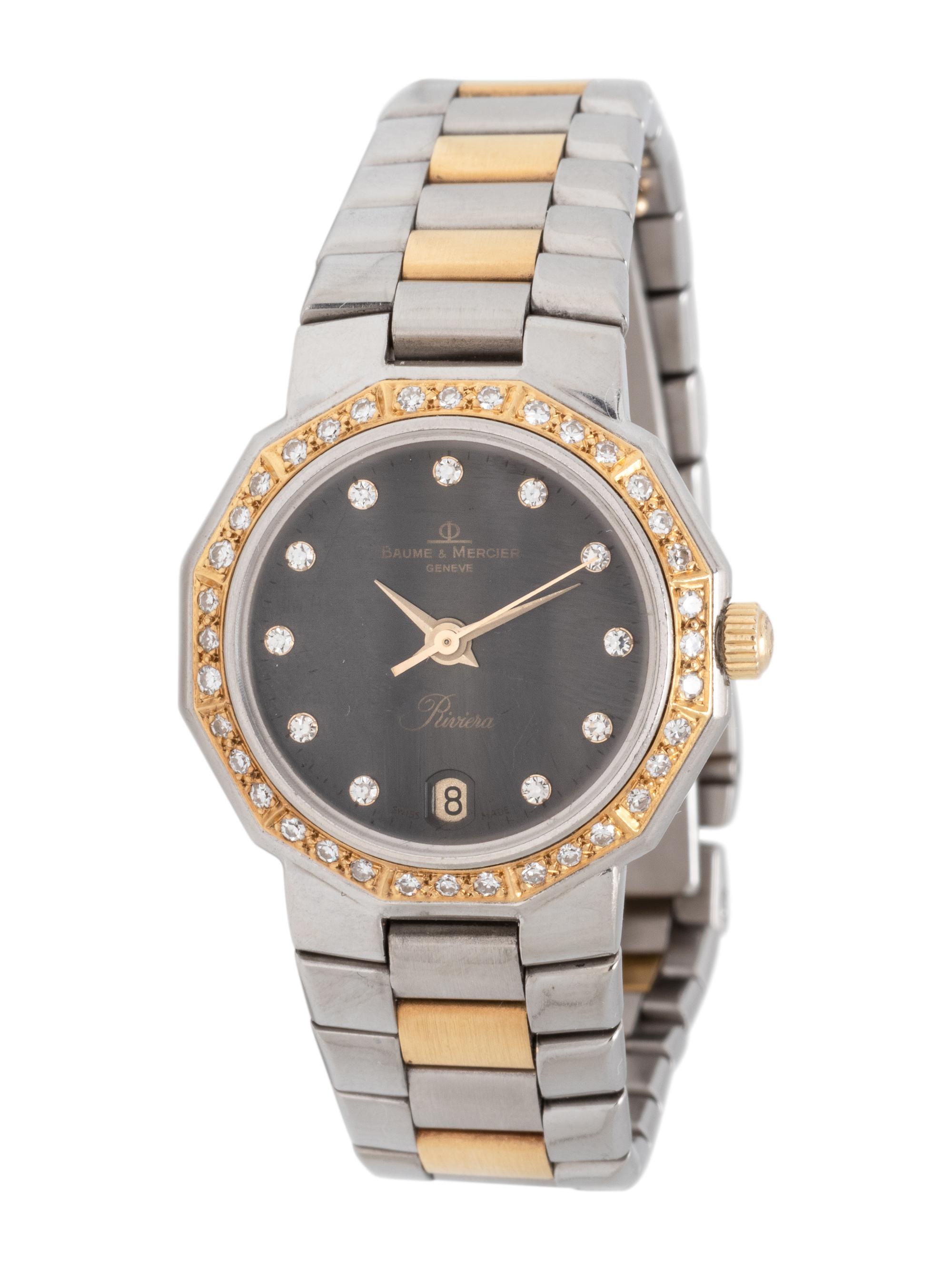 BAUME & MERCIER, YELLOW GOLD, STAINLESS STEEL AND DIAMOND 'RIVIERA' WRISTWATCH