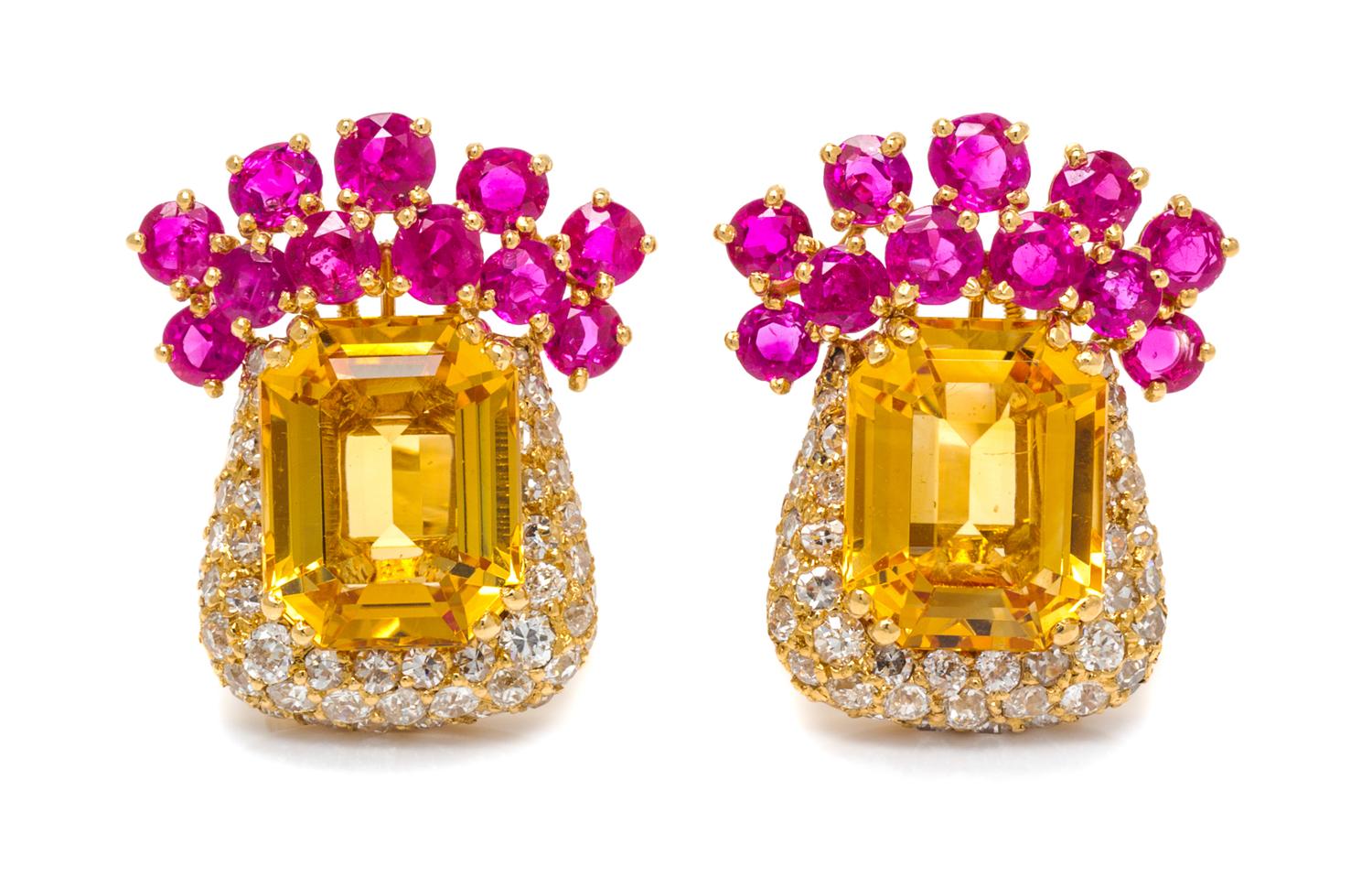 A Pair of Gold, Citrine, Ruby and Diamond Earclips, French, 16.50 dwts.