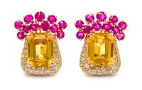 A Pair of Gold, Citrine, Ruby and Diamond Earclips, French, 16.50 dwts.
