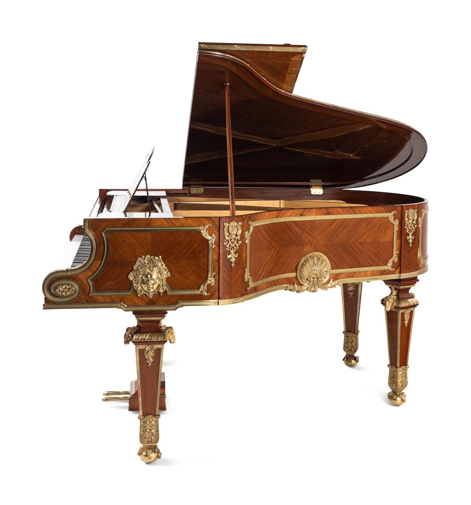 A Régence Style Gilt Bronze Mounted Mahogany, Kingwood and Tulipwood Grand Piano