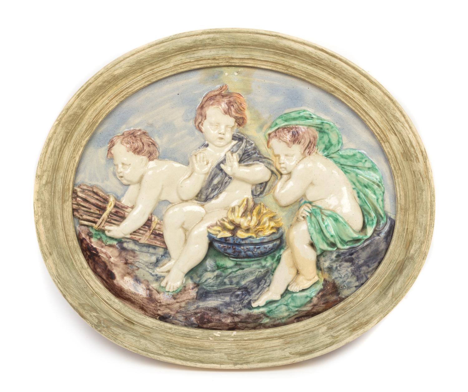 A Pair of Continental Ceramic Allegorical Plaques Width of larger 23 5/8 inches. — 19TH/20TH CENTURY