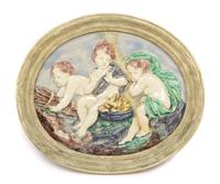 A Pair of Continental Ceramic Allegorical Plaques Width of larger 23 5/8 inches. — 19TH/20TH CENTURY