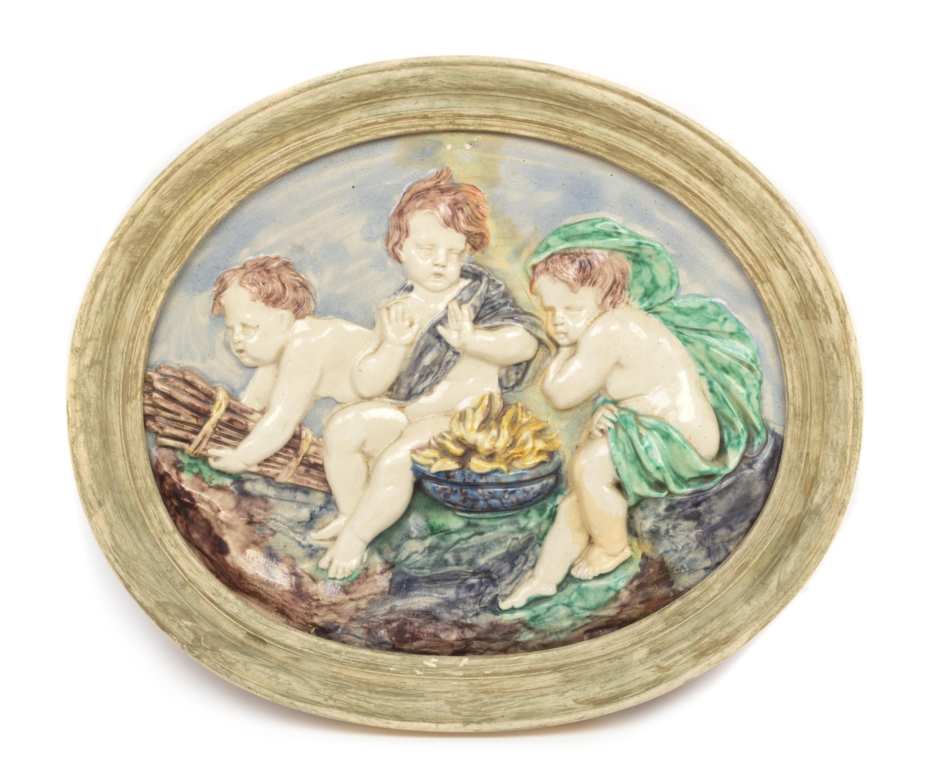 A Pair of Continental Ceramic Allegorical Plaques Width of larger 23 5/8 inches. — 19TH/20TH CENTURY
