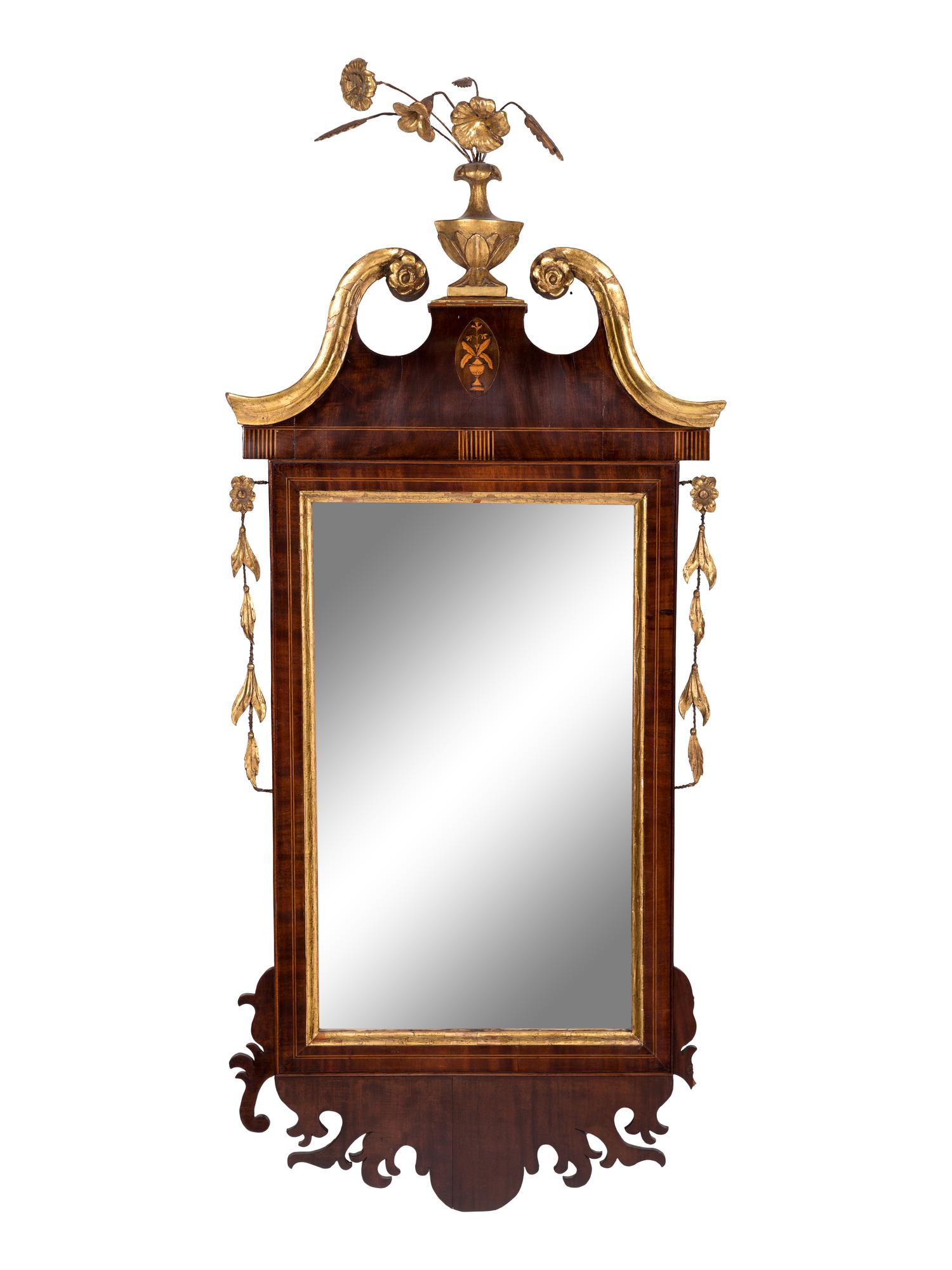 A George III Style Parcel Gilt Marquetry and Mahogany Mirror