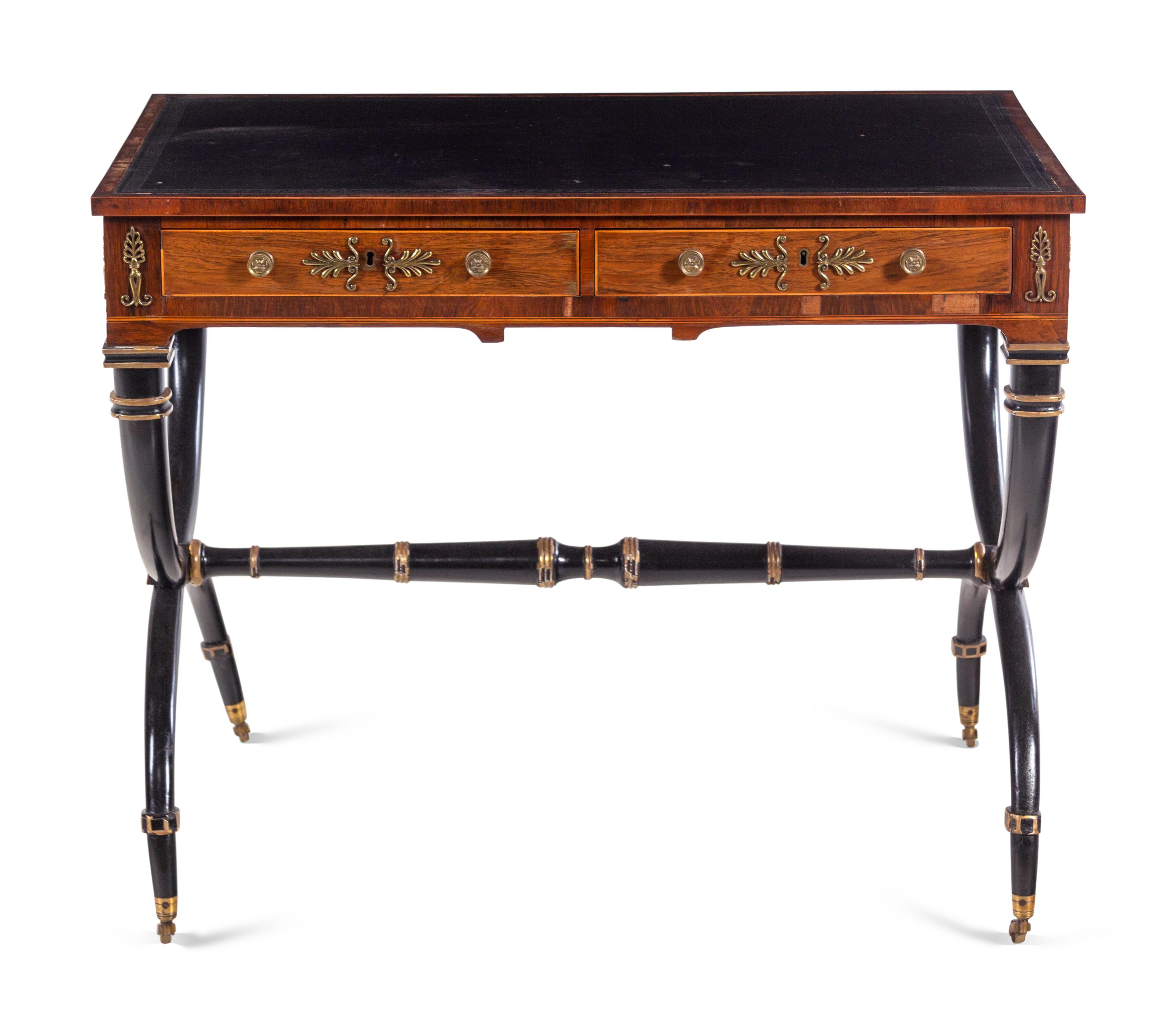 A Regency Gilt Bronze Mounted, Parcel Ebonized and Parcel Gilt Rosewood Writing Table