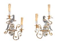 A Pair of Maison Baguès Gilt Metal and Glass Two-Light Parrot and Urn Sconces