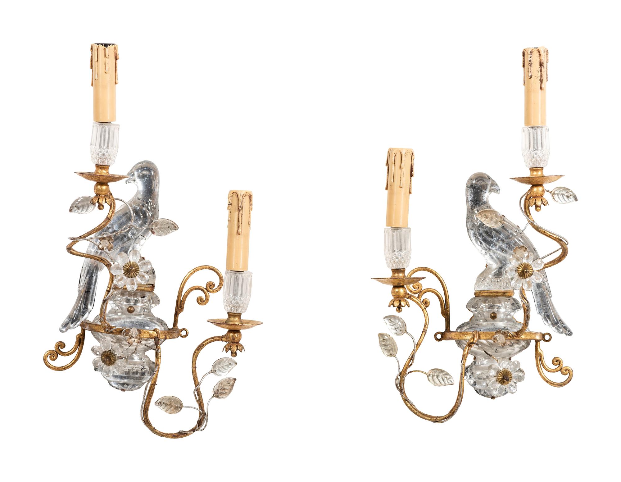 A Pair of Maison Baguès Gilt Metal and Glass Two-Light Parrot and Urn Sconces