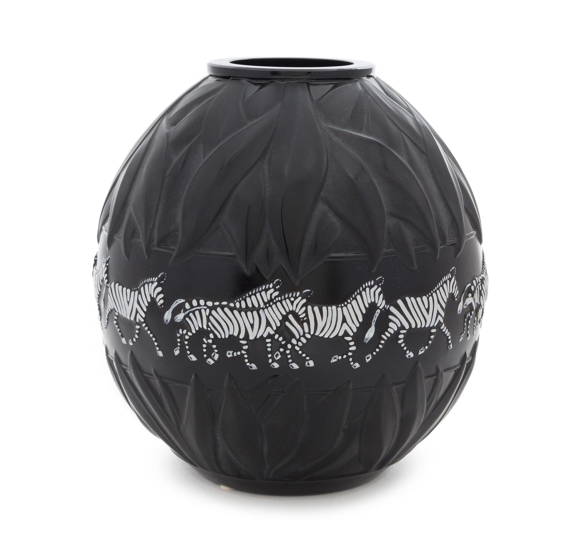 A Lalique Black Glass Tanzania Vase Height 9 inches.