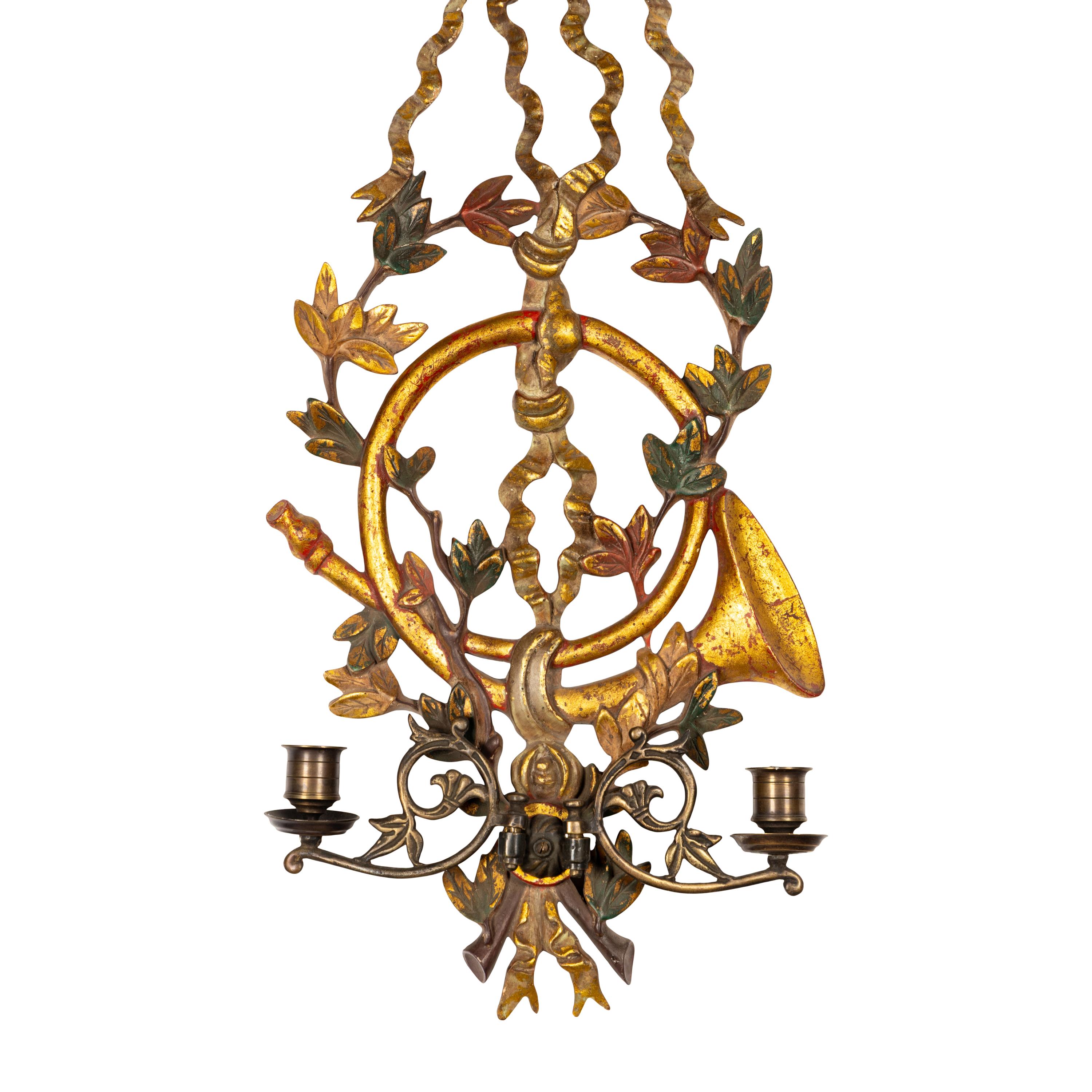 A Giltwood and Polychrome Painted Two-Light Sconce