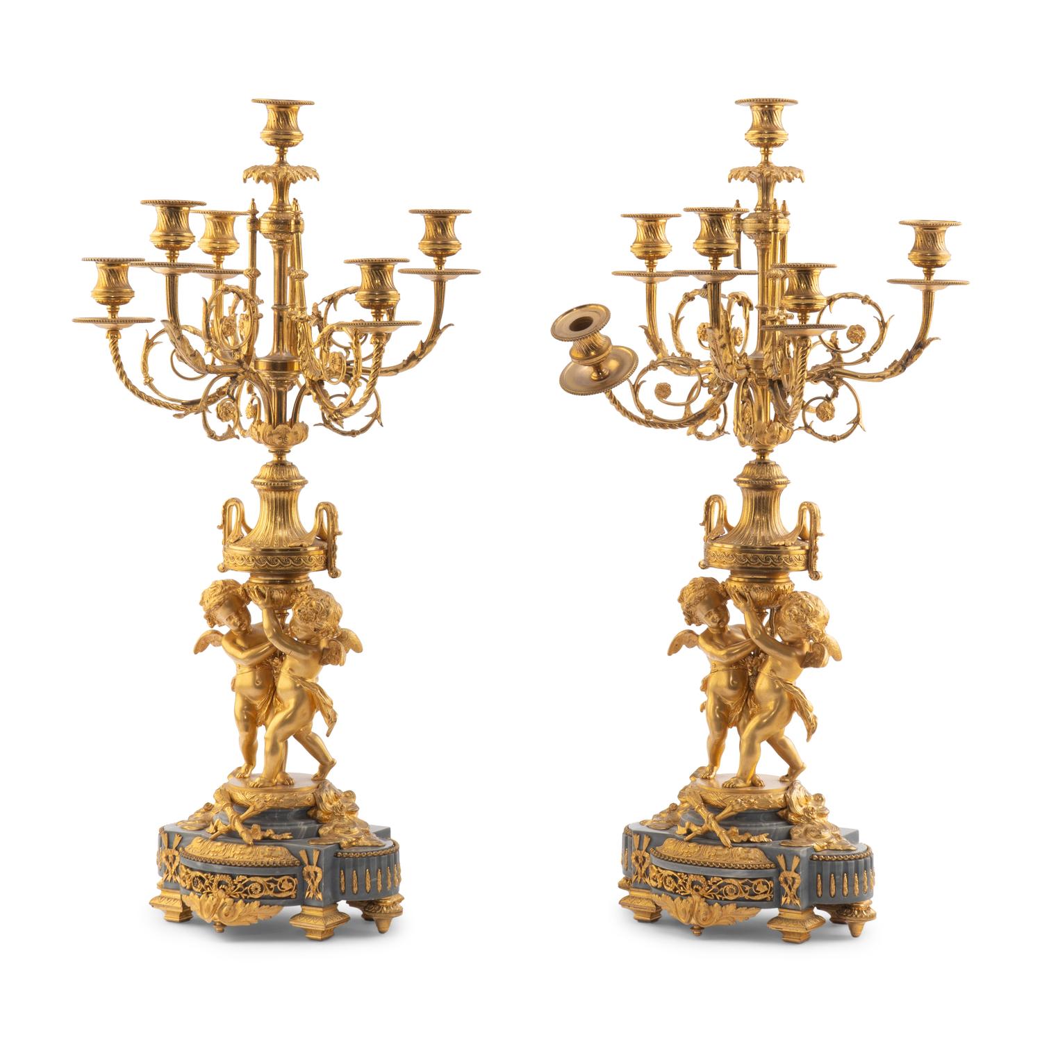 A Pair of Louis XV Style Gilt Bronze and Persian Grey Marble Six-Light Candelabra