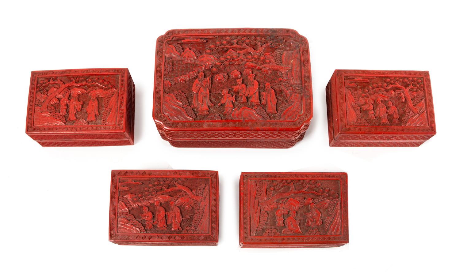 Five Carved Red Lacquer Boxes Length of largest 8 5/8 inches. — 19TH-20TH CENTURY