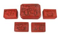 Five Carved Red Lacquer Boxes Length of largest 8 5/8 inches. — 19TH-20TH CENTURY