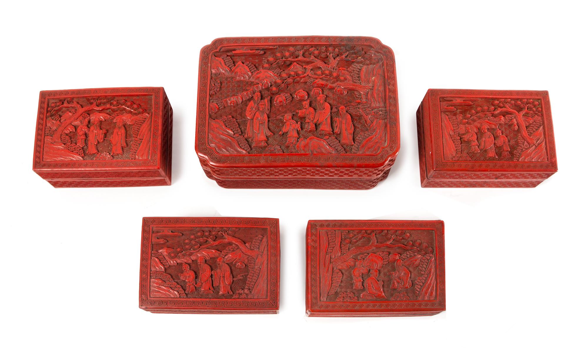 Five Carved Red Lacquer Boxes Length of largest 8 5/8 inches. — 19TH-20TH CENTURY