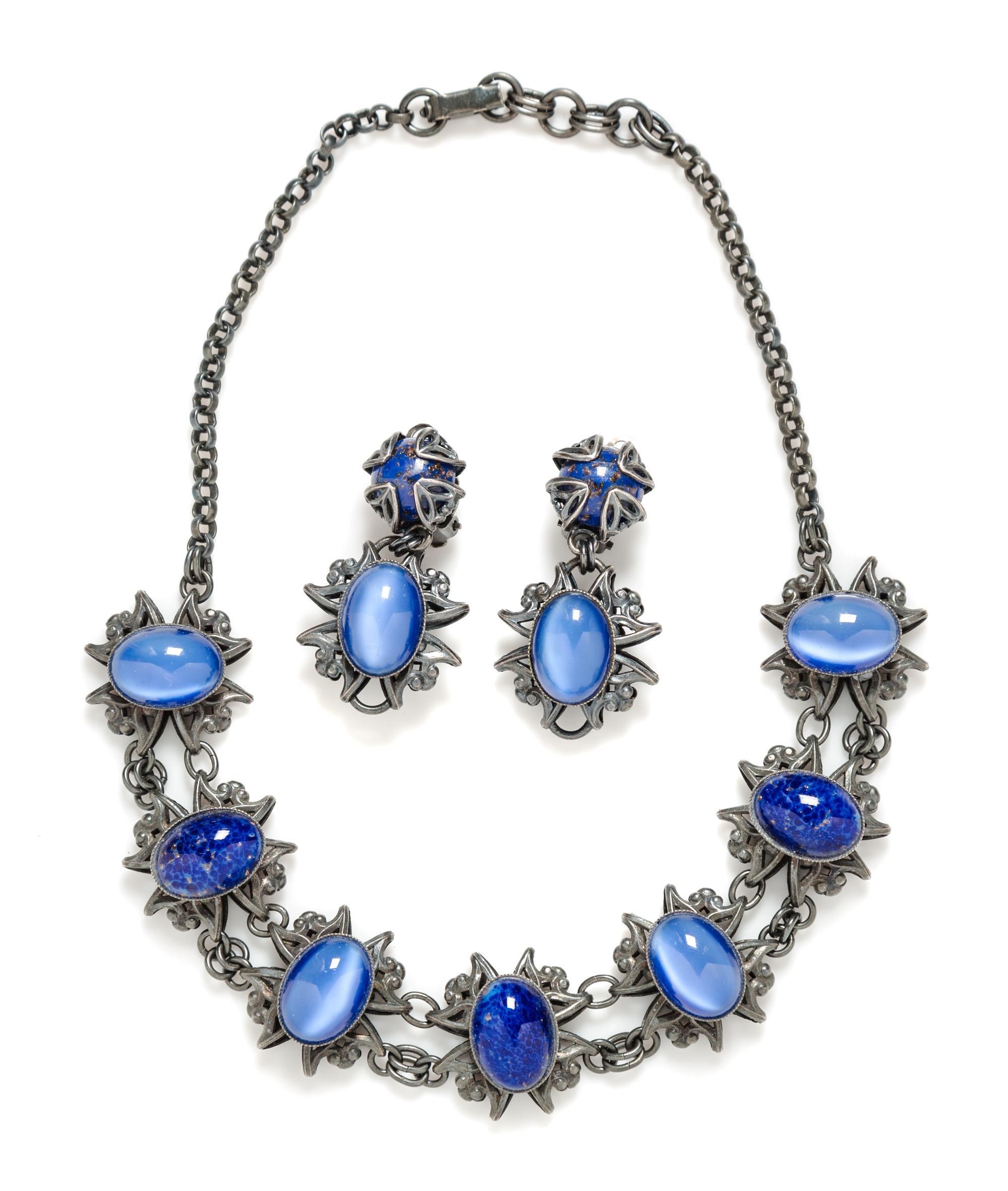 A Jean-Louis Blin Metal Necklace and Earclip Set, Necklace: 17" length; Earclip:n 2" x 1".