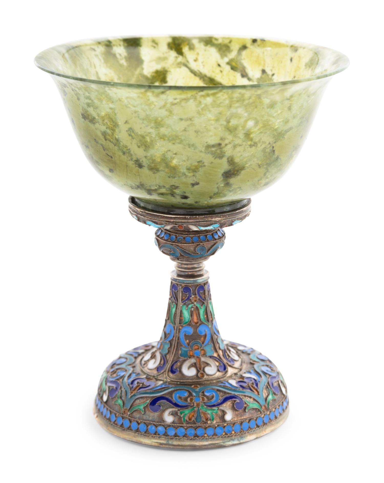 A Russian Enameled Silver and Carved Jade Chalice