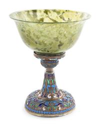 A Russian Enameled Silver and Carved Jade Chalice