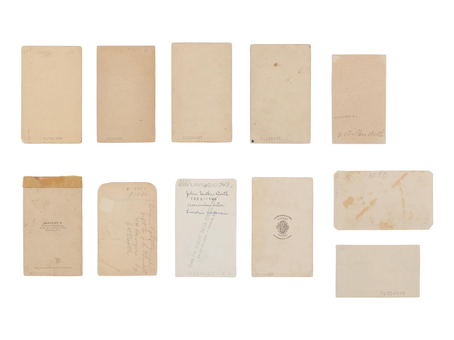 [BOOTH, John Wilkes (1838-1865)]. A group of 11 CDVs of Booth and moments related to the death of Lincoln and his own capture, ca 1864-1865.