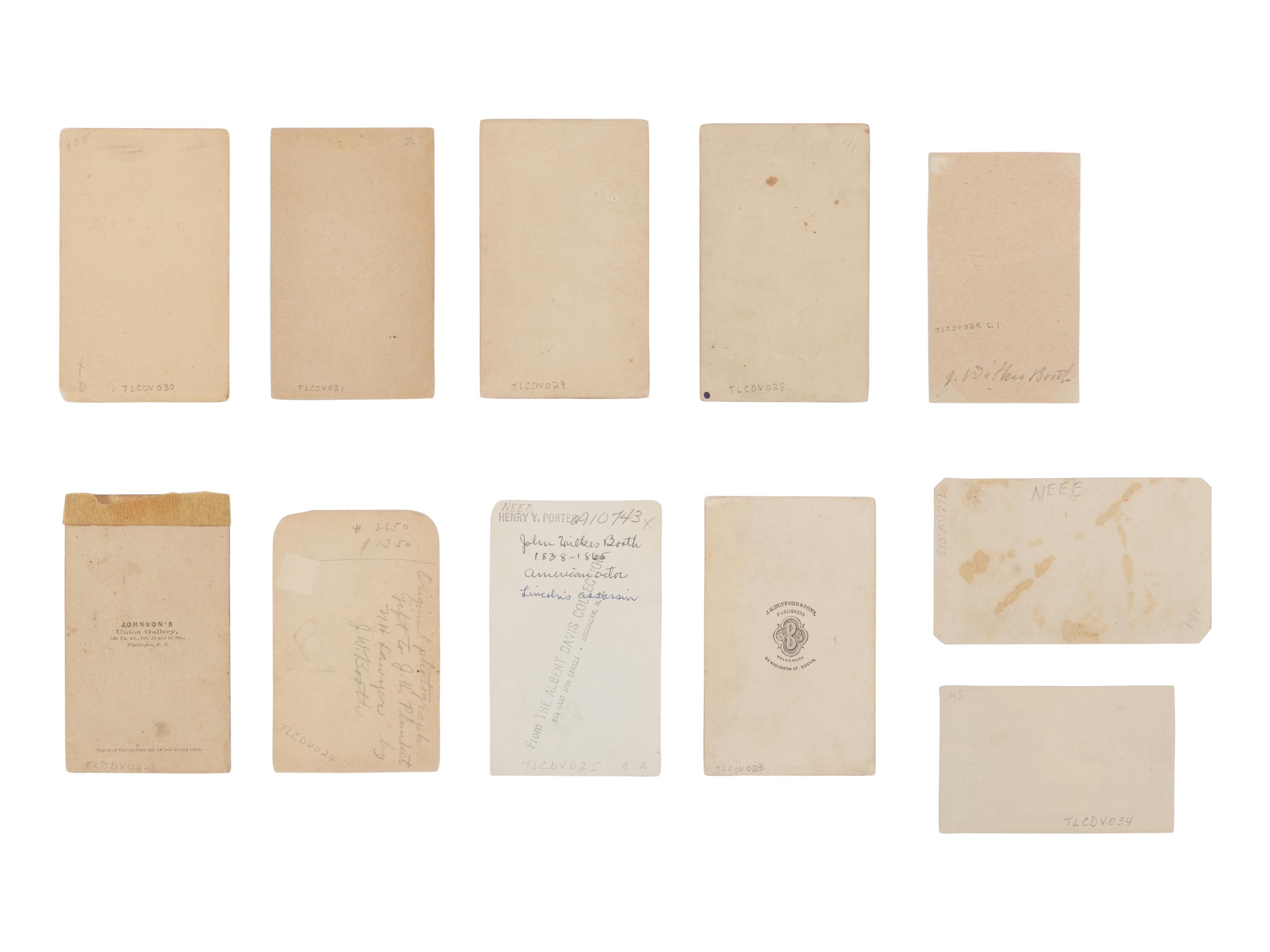 [BOOTH, John Wilkes (1838-1865)]. A group of 11 CDVs of Booth and moments related to the death of Lincoln and his own capture, ca 1864-1865.