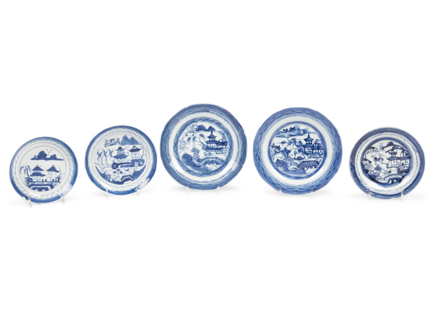 A Group of Forty-Eight Canton Blue and White Porcelain Bread Plates