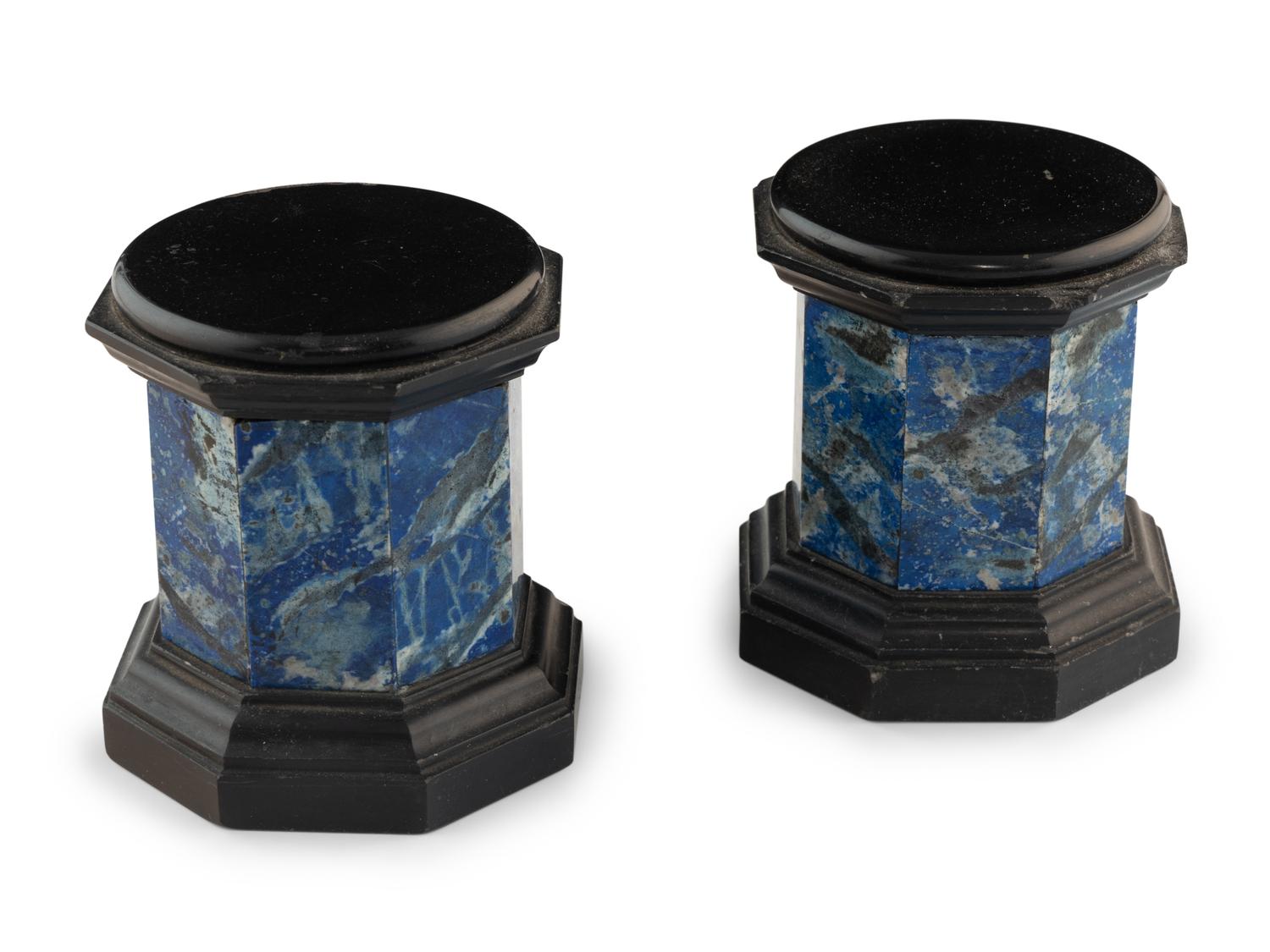 A Pair of Black Stone and Lapis Lazuli Octagonal Small Pedestals