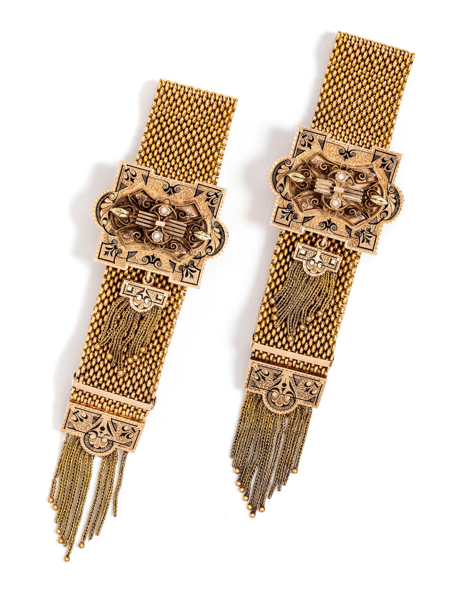 A Pair of Etruscan Revival Yellow Gold, Seed Pearl and Enamel Slide Tassel Bracelets, 92.30 dwts.