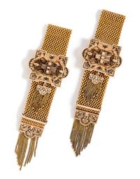 A Pair of Etruscan Revival Yellow Gold, Seed Pearl and Enamel Slide Tassel Bracelets, 92.30 dwts.