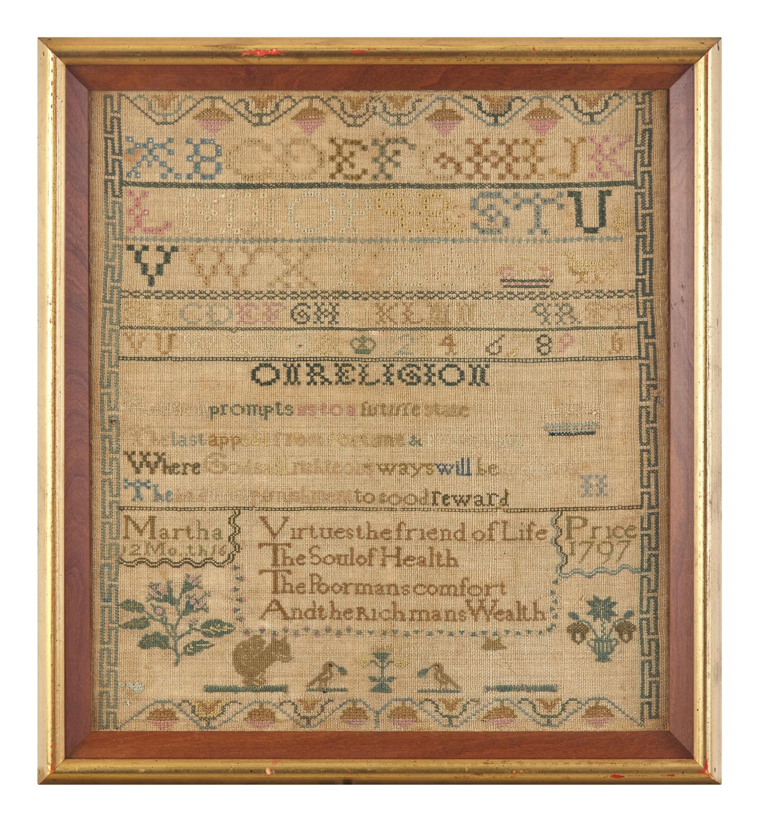 A Needlework Sampler, Worked by Martha Price, Philadelphia, PA, Dated "1797"
