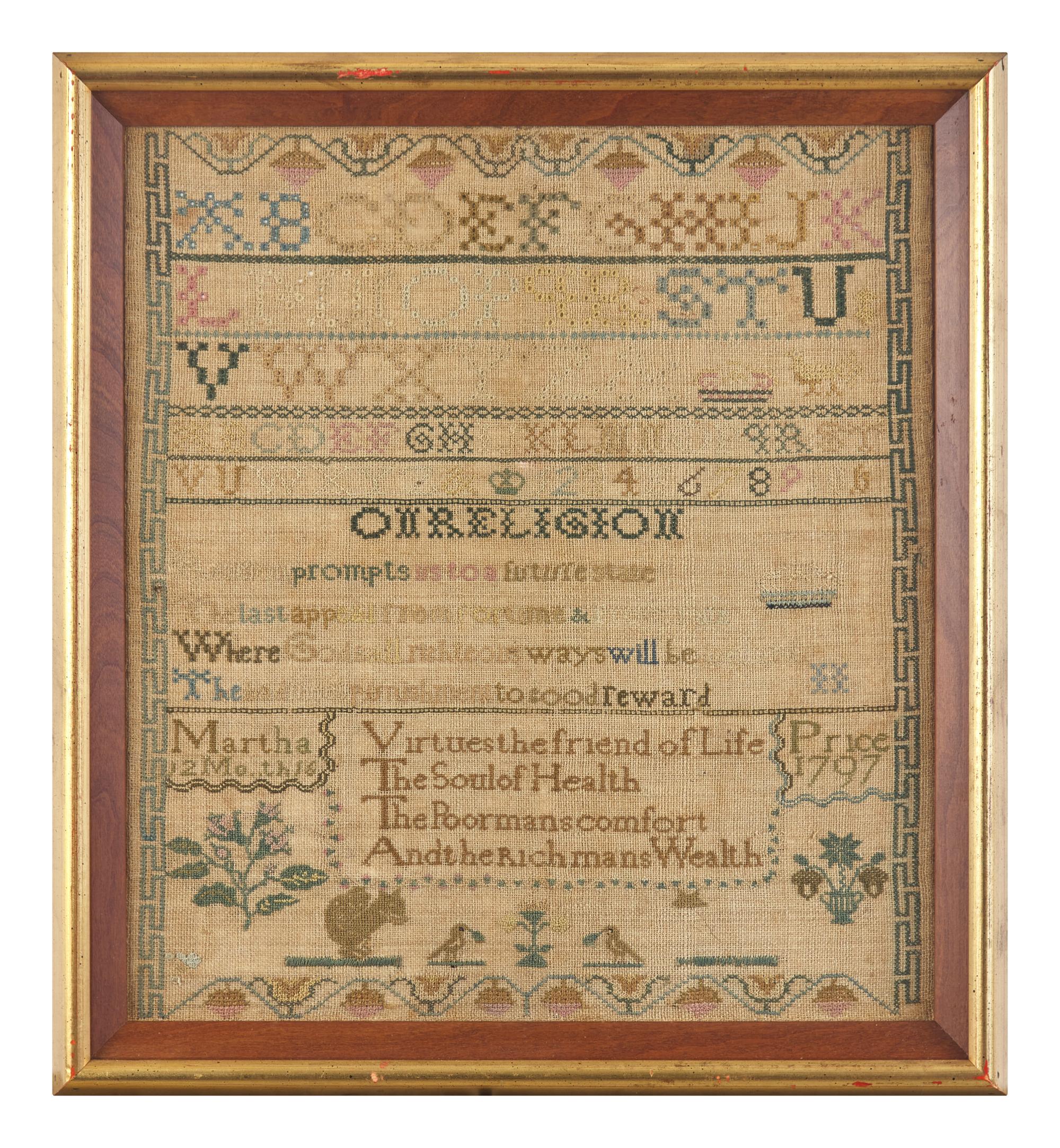 A Needlework Sampler, Worked by Martha Price, Philadelphia, PA, Dated "1797"
