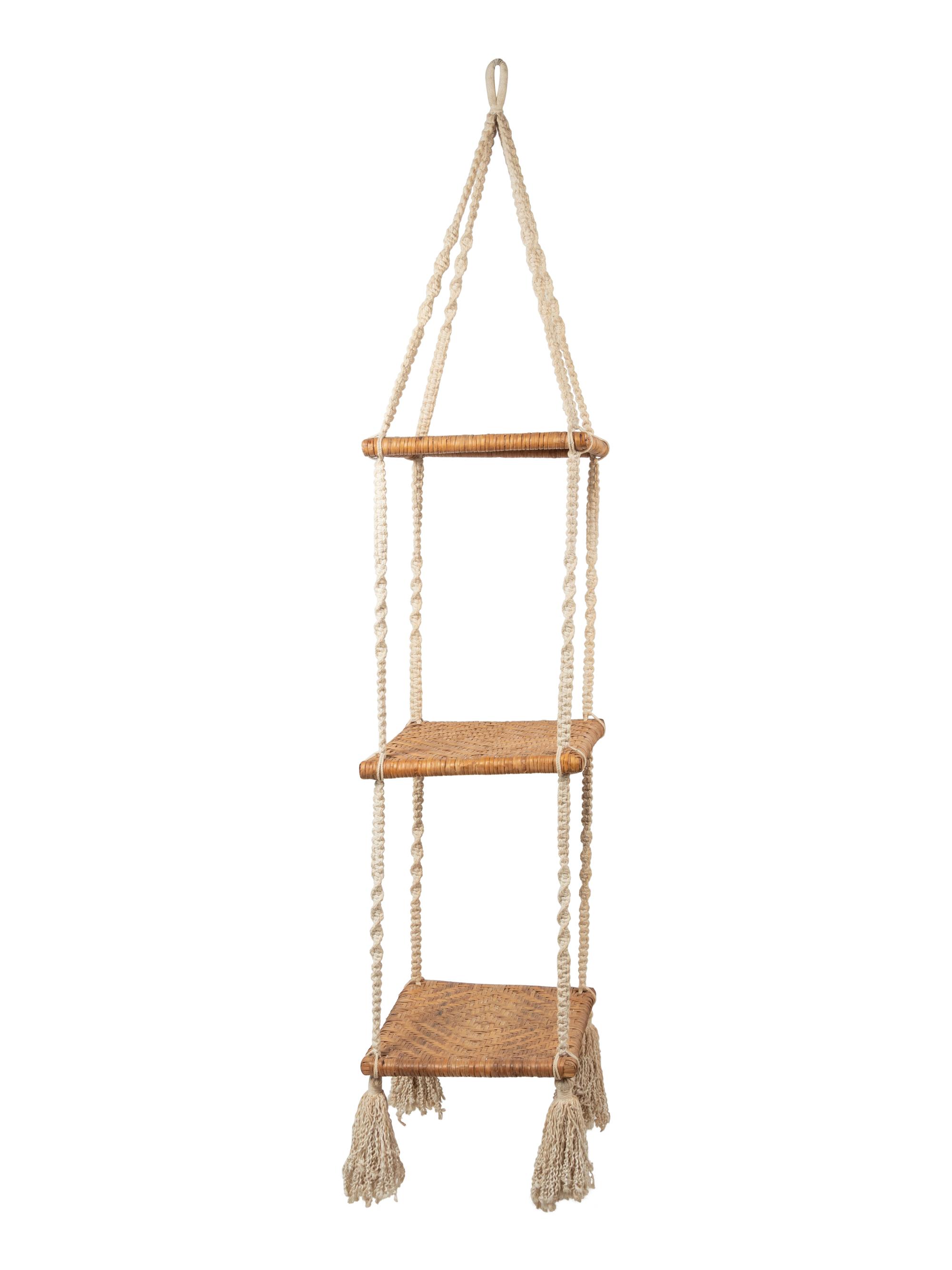 A Three-Tier Cord and Rattan Hanging Shelf Unit