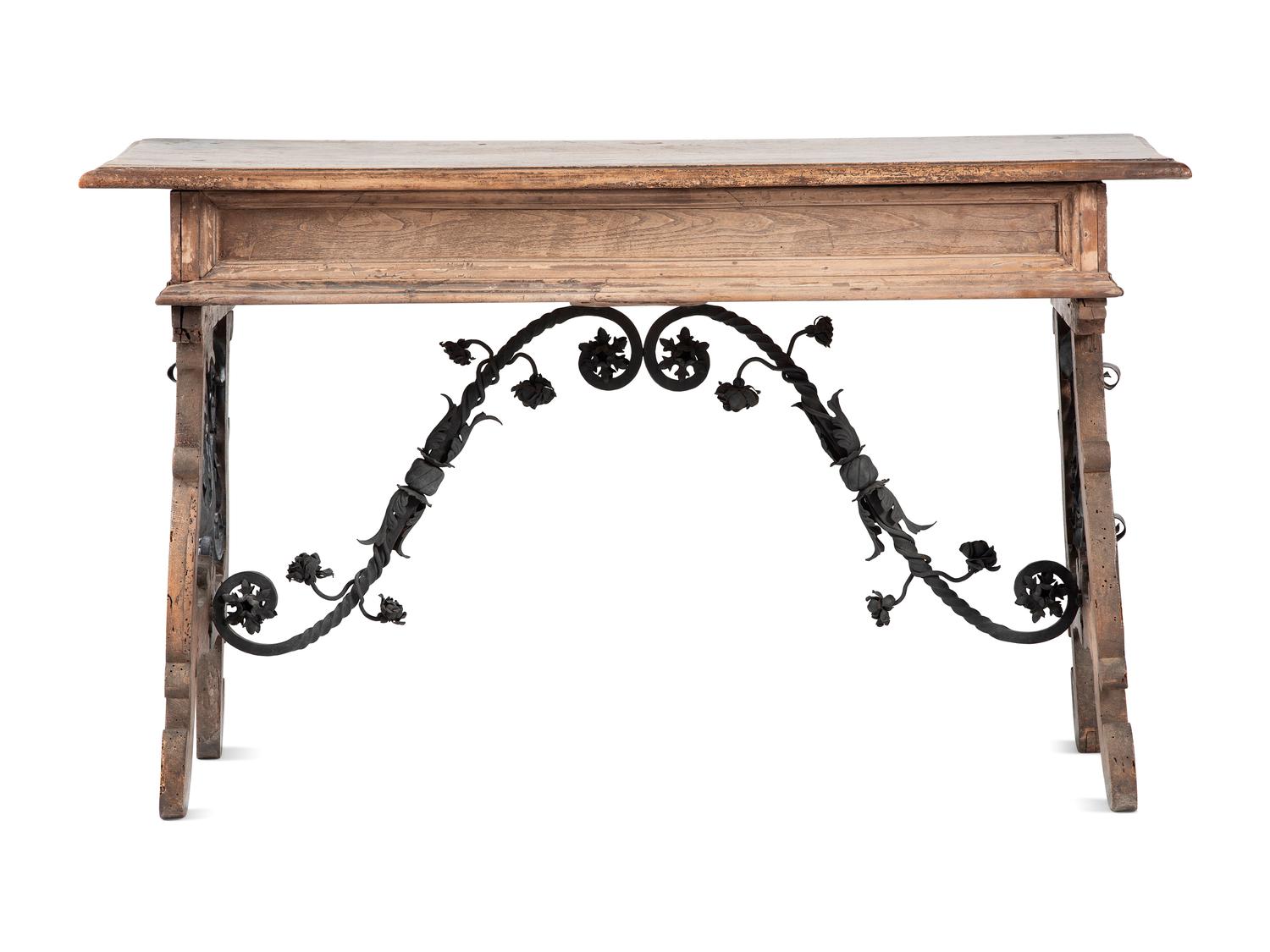 A Spanish Baroque Wrought-Iron Mounted Walnut Library Table