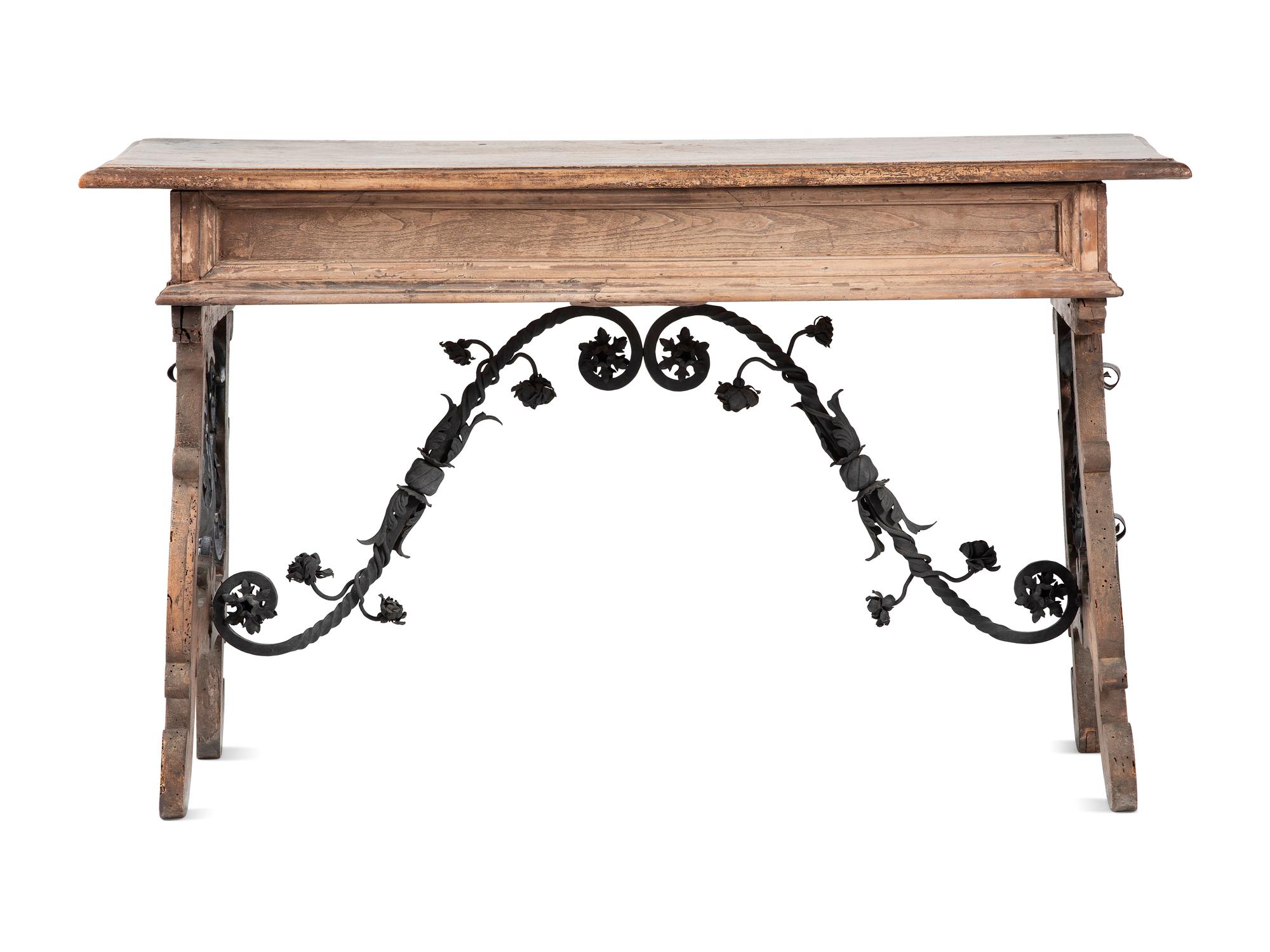 A Spanish Baroque Wrought-Iron Mounted Walnut Library Table