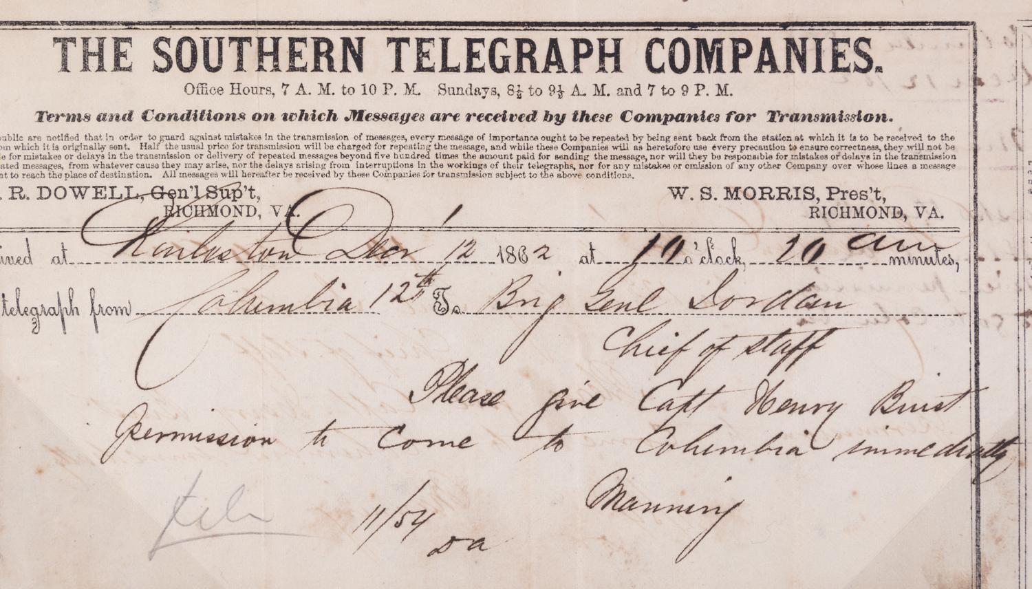 (CIVIL WAR; SOUTH CAROLINA) Three telegrams sent between Dec. 12, 1862 and March 1, 1864.