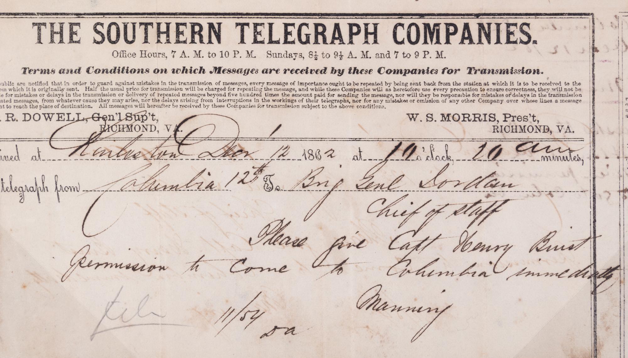 (CIVIL WAR; SOUTH CAROLINA) Three telegrams sent between Dec. 12, 1862 and March 1, 1864.