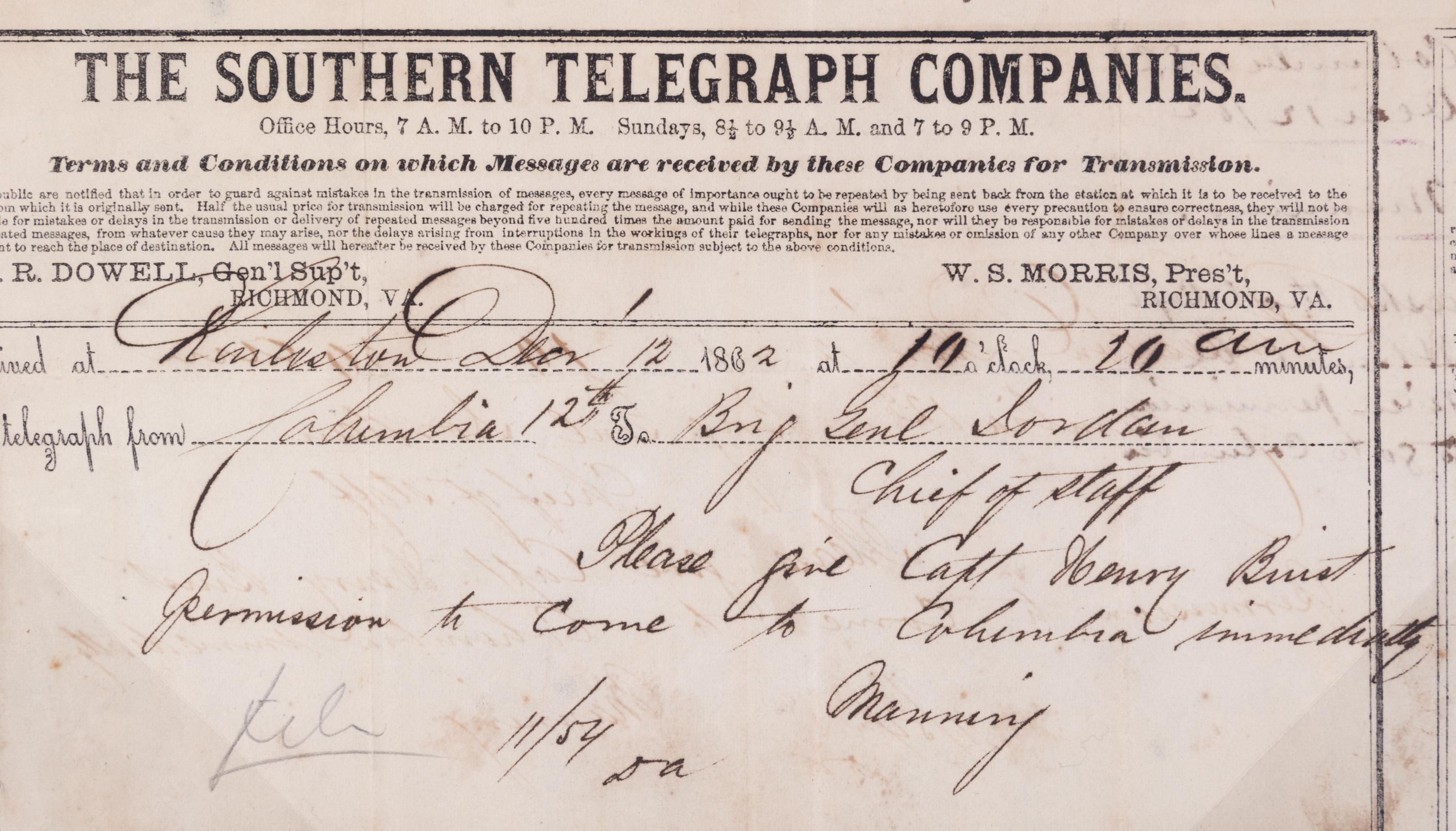 (CIVIL WAR; SOUTH CAROLINA) Three telegrams sent between Dec. 12, 1862 and March 1, 1864.