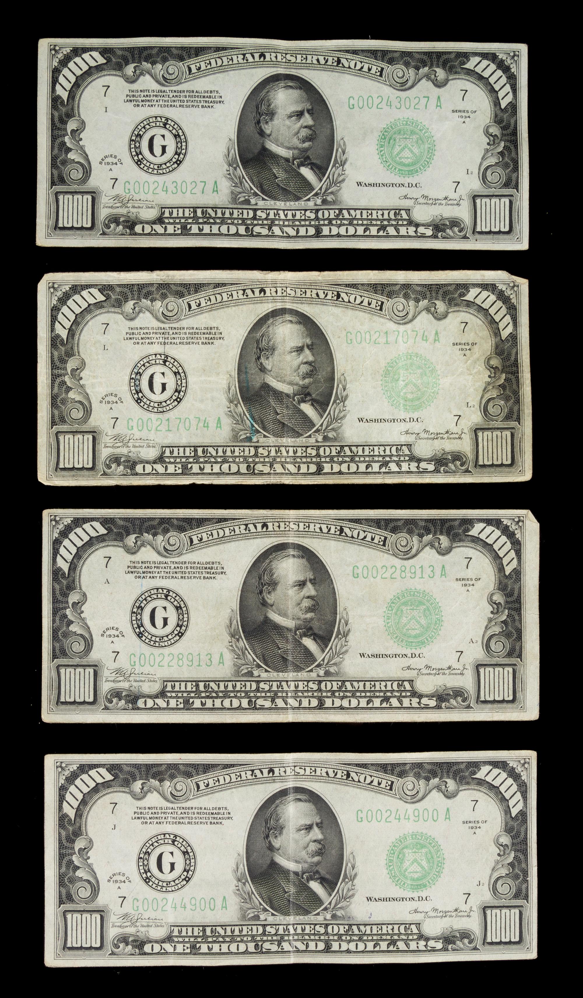 A Collection of Four United States 1934A-G $1,000 Federal Reserve Notes