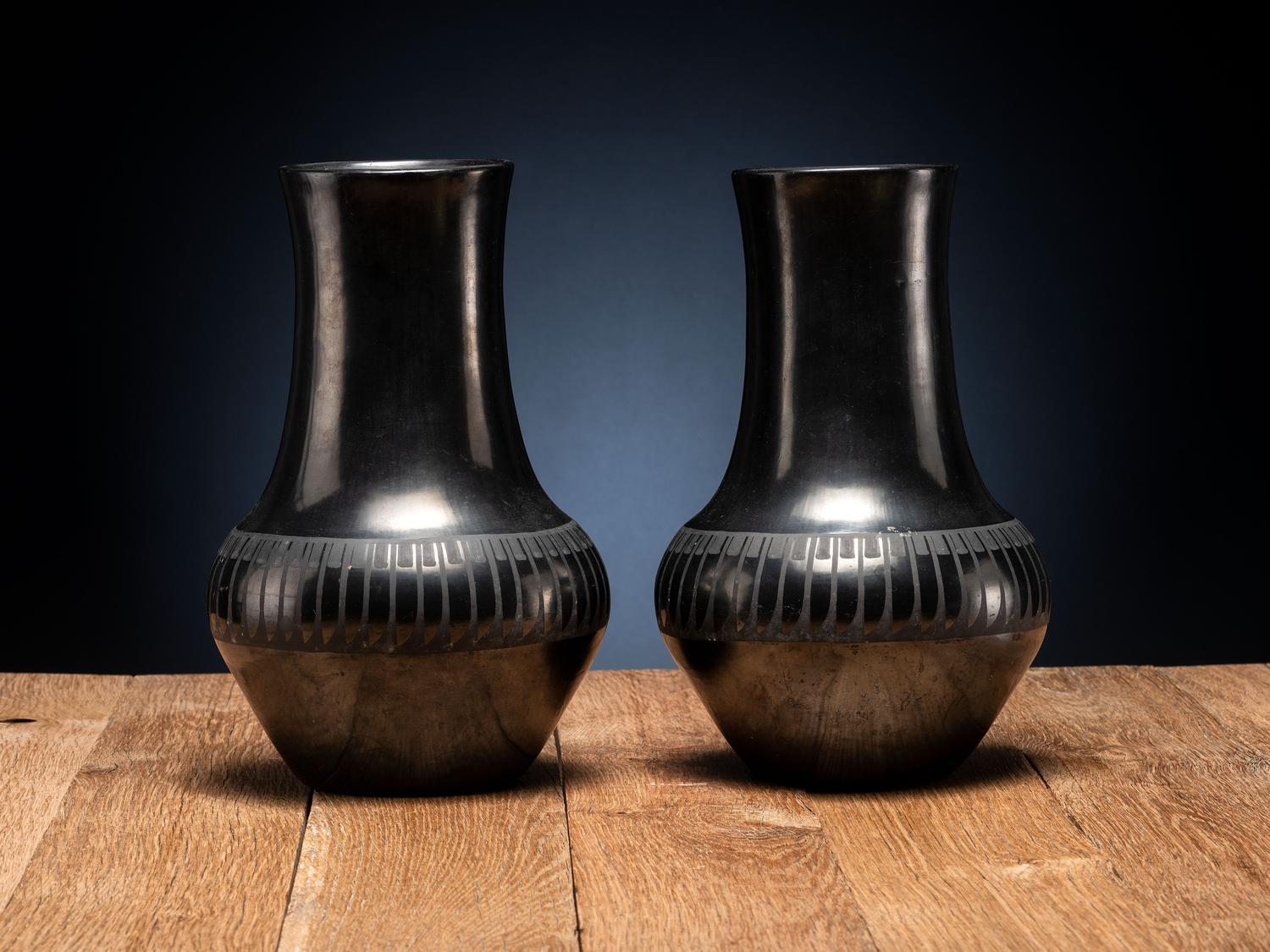 Pair of Blackware Pottery Vases, with Repeating Feather Design and Gunmetal Finish