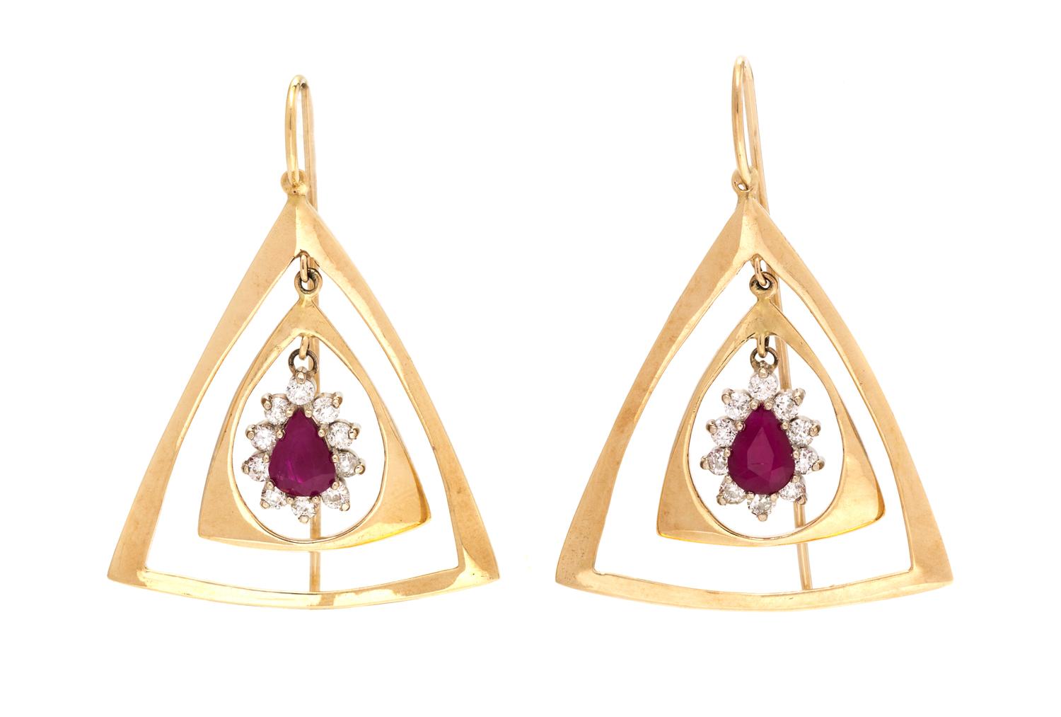 A Pair of Yellow Gold, Ruby and Diamond Pendant Earrings, 11.60 dwts.