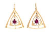A Pair of Yellow Gold, Ruby and Diamond Pendant Earrings, 11.60 dwts.