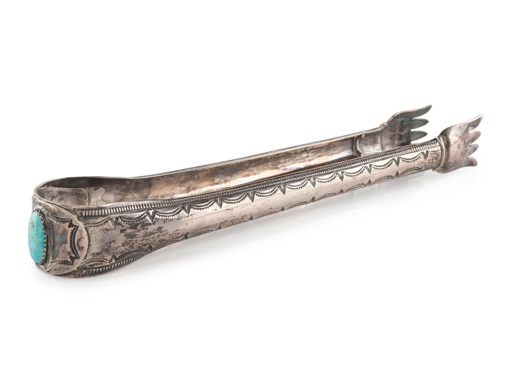 Southwestern-style Heavily Stamped Sterling Silver and Turquoise Tongs