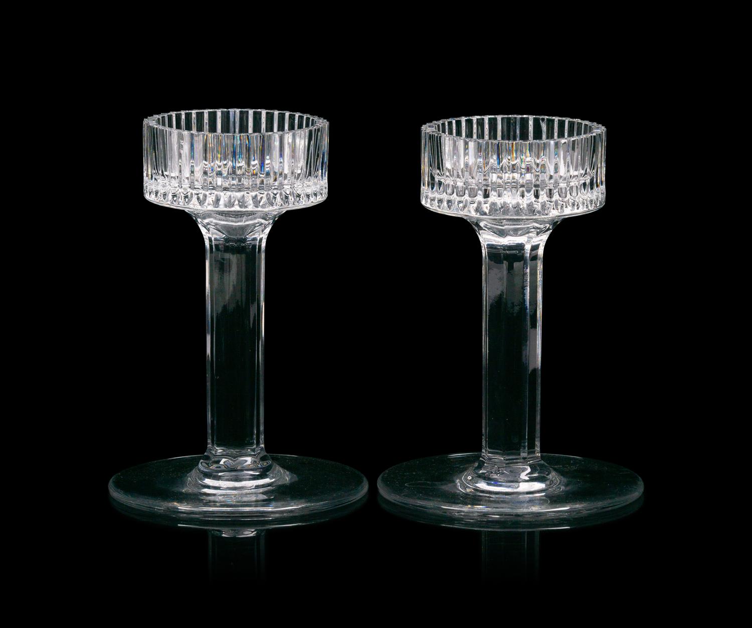 A Pair of Silver Plated Candlesticks with Cut Glass Hurricane Shades