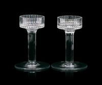 A Pair of Silver Plated Candlesticks with Cut Glass Hurricane Shades
