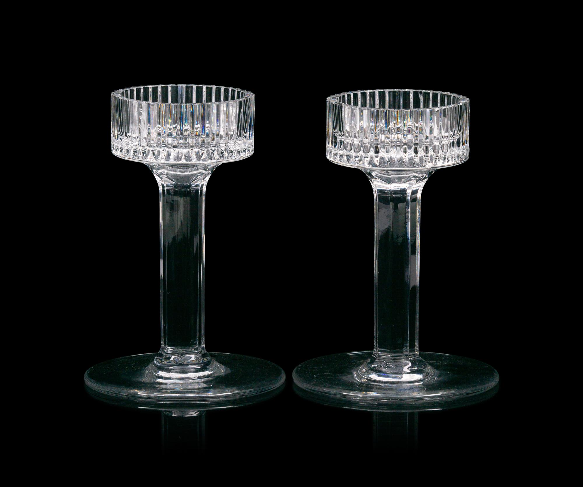 A Pair of Silver Plated Candlesticks with Cut Glass Hurricane Shades