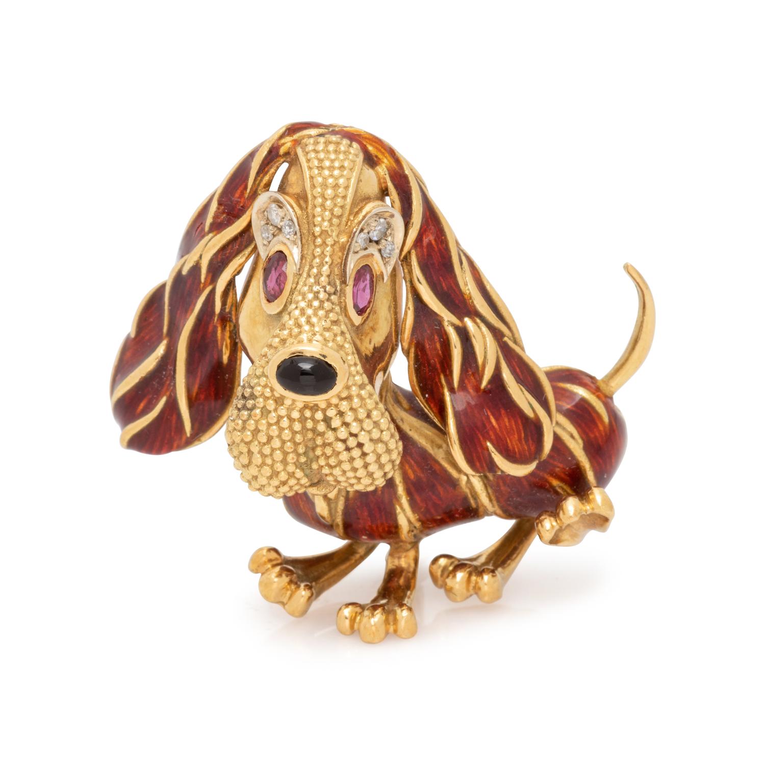 YELLOW GOLD, ENAMEL, DIAMOND AND GEMSTONE BASSET HOUND BROOCH