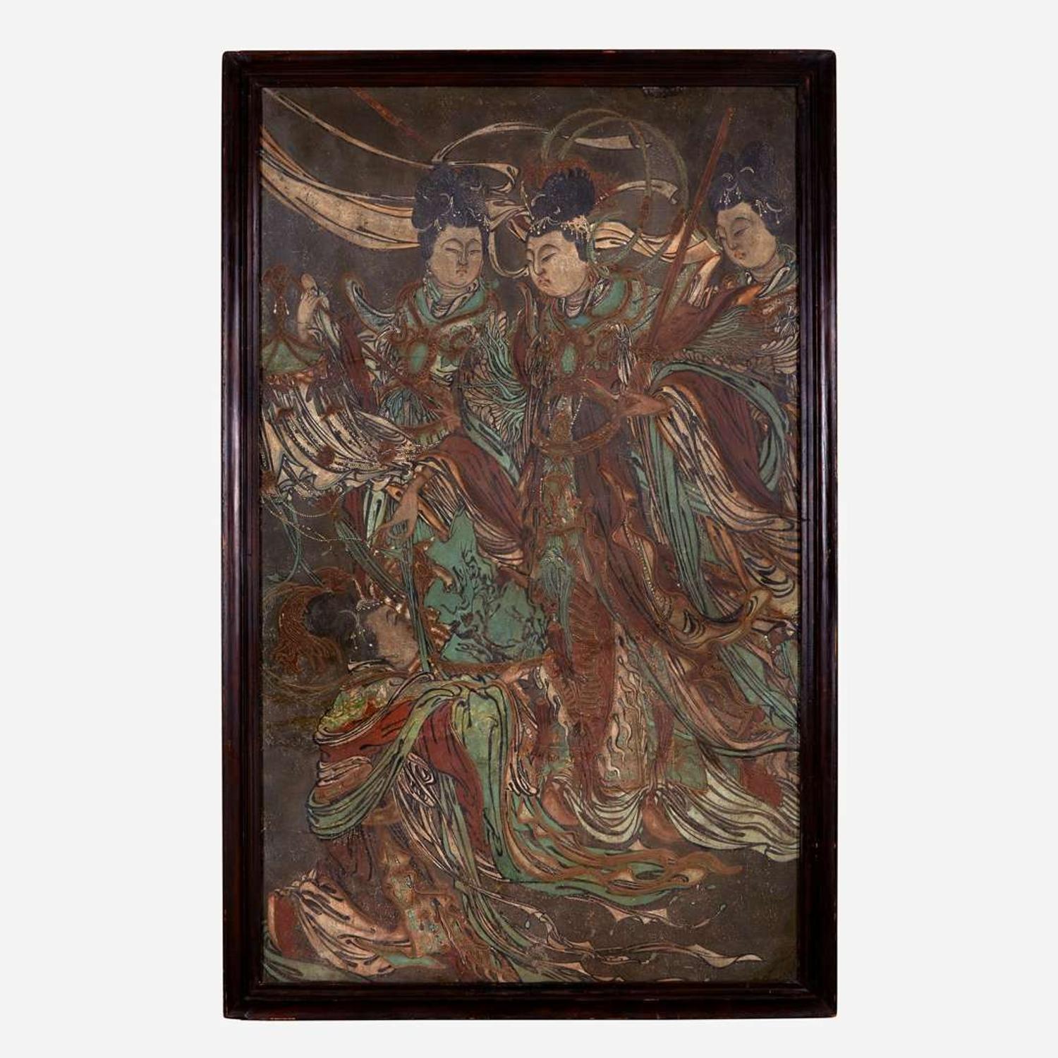 A Large Chinese polychrome stucco fresco panel 灰泥彩绘天女图壁画 Yuan/Ming Dynasty or later ?/????