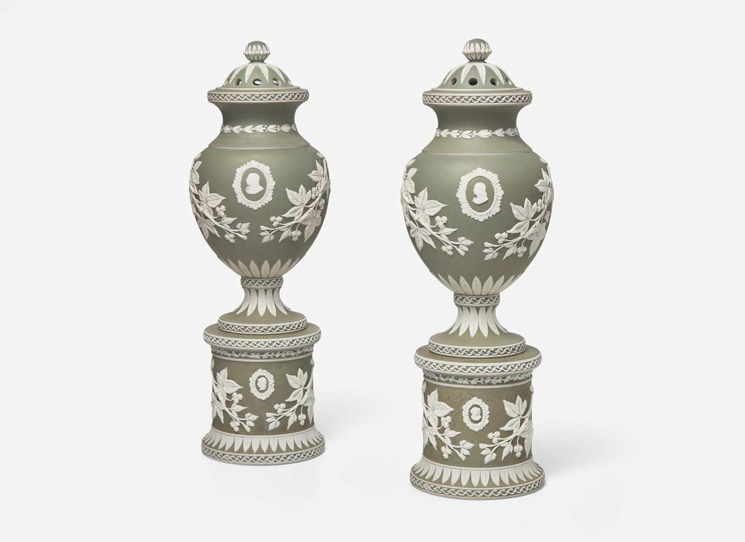 A Pair of Adams & Bromley Green Dip Jasperware Potpourri and Covers, UK, circa 1880
