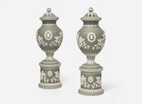 A Pair of Adams & Bromley Green Dip Jasperware Potpourri and Covers, UK, circa 1880