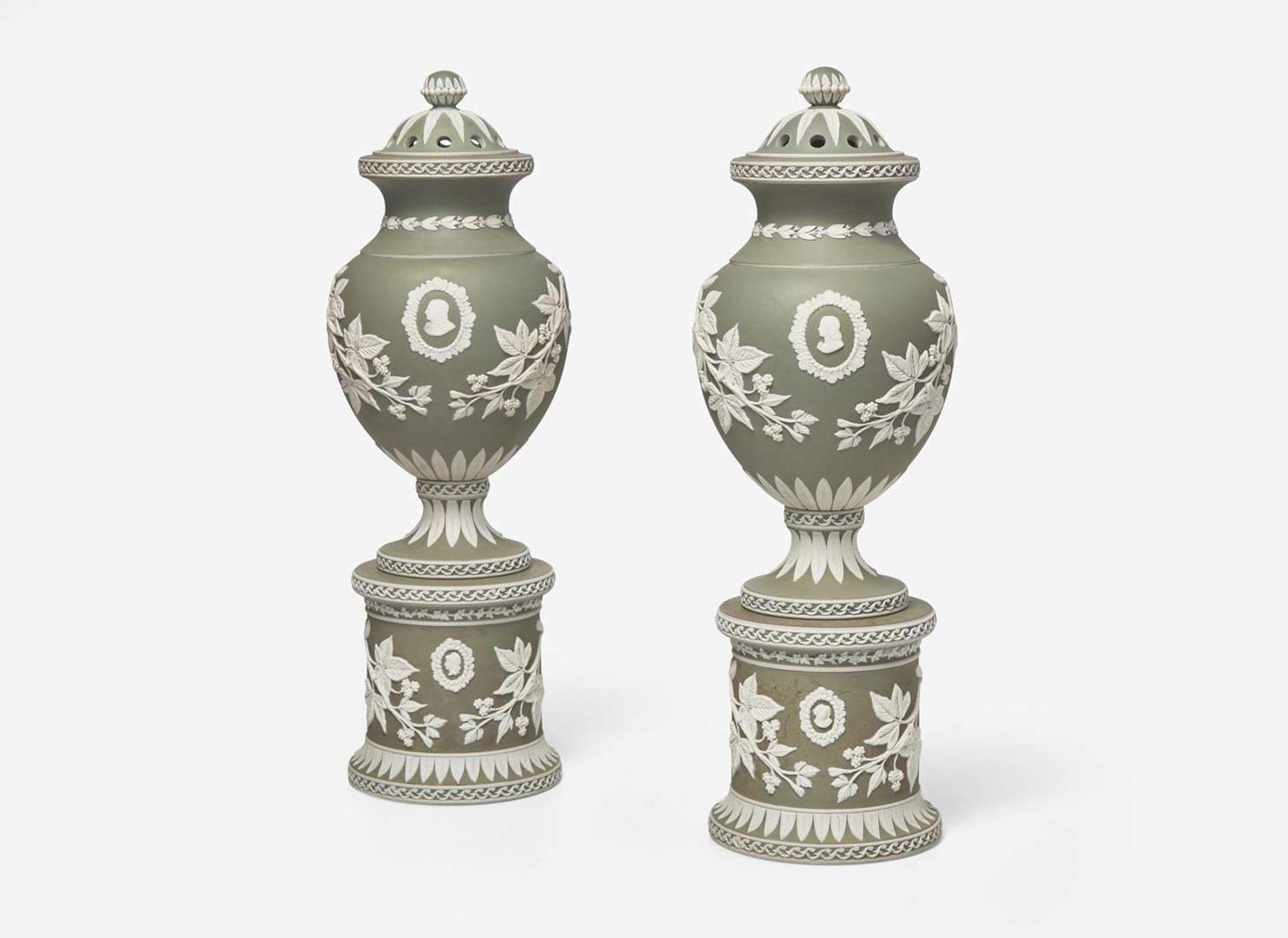 A Pair of Adams & Bromley Green Dip Jasperware Potpourri and Covers, UK, circa 1880