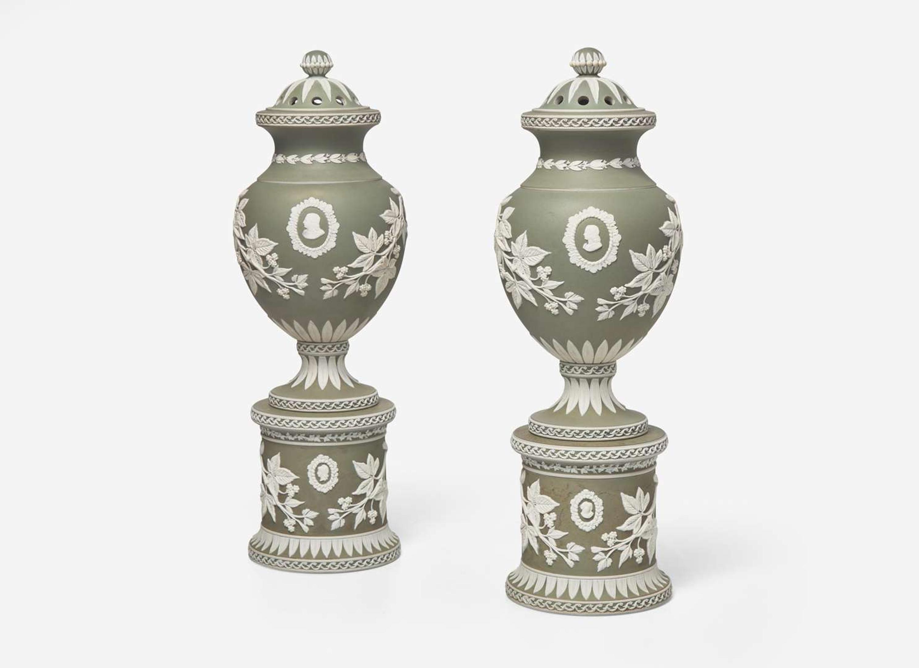 A Pair of Adams & Bromley Green Dip Jasperware Potpourri and Covers, UK, circa 1880