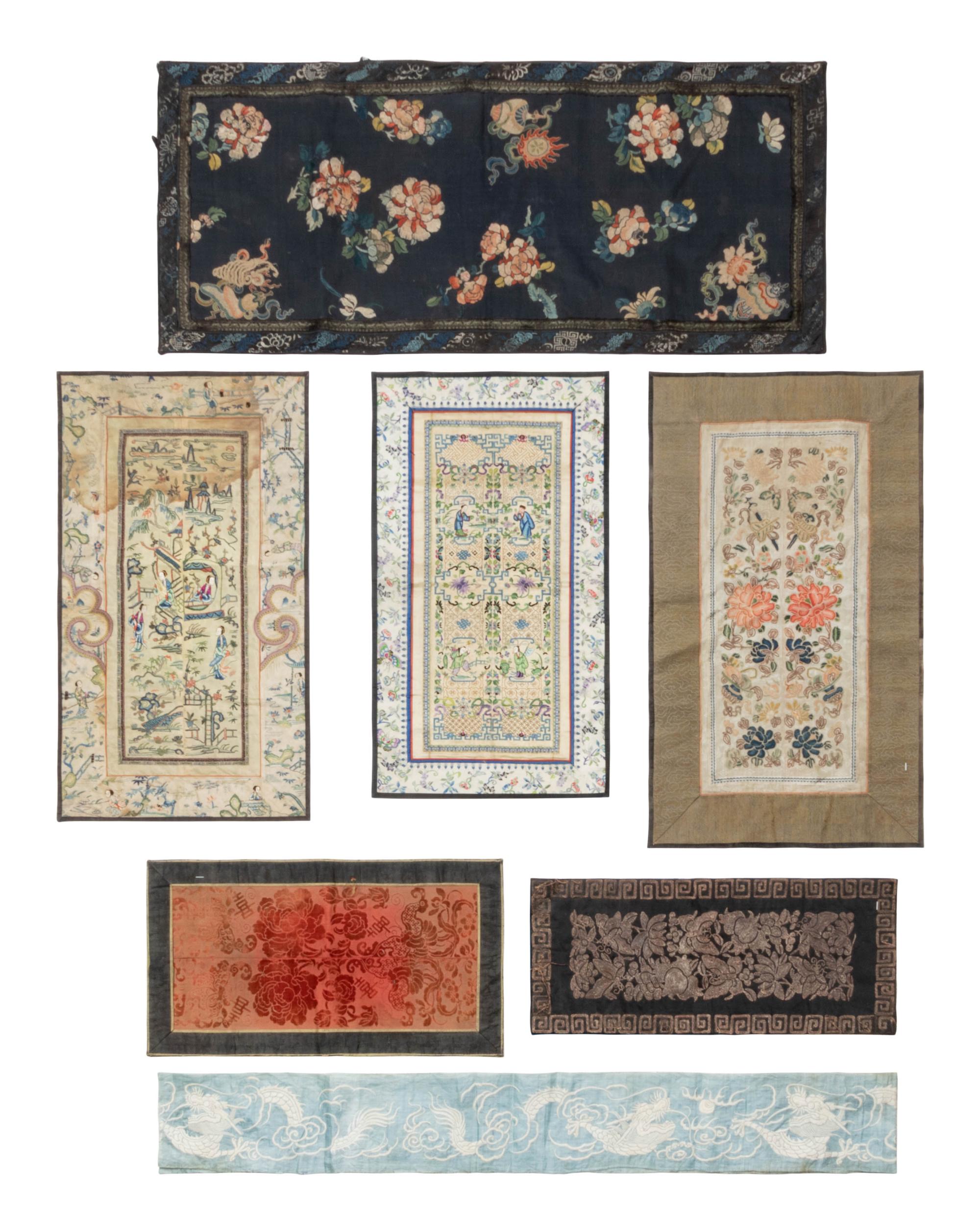 Seven Chinese Embroidered and Woven Silk Panels